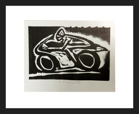 Motocyklista - linoryt 12 x 18 cm - 1957 - 4000,-Kč